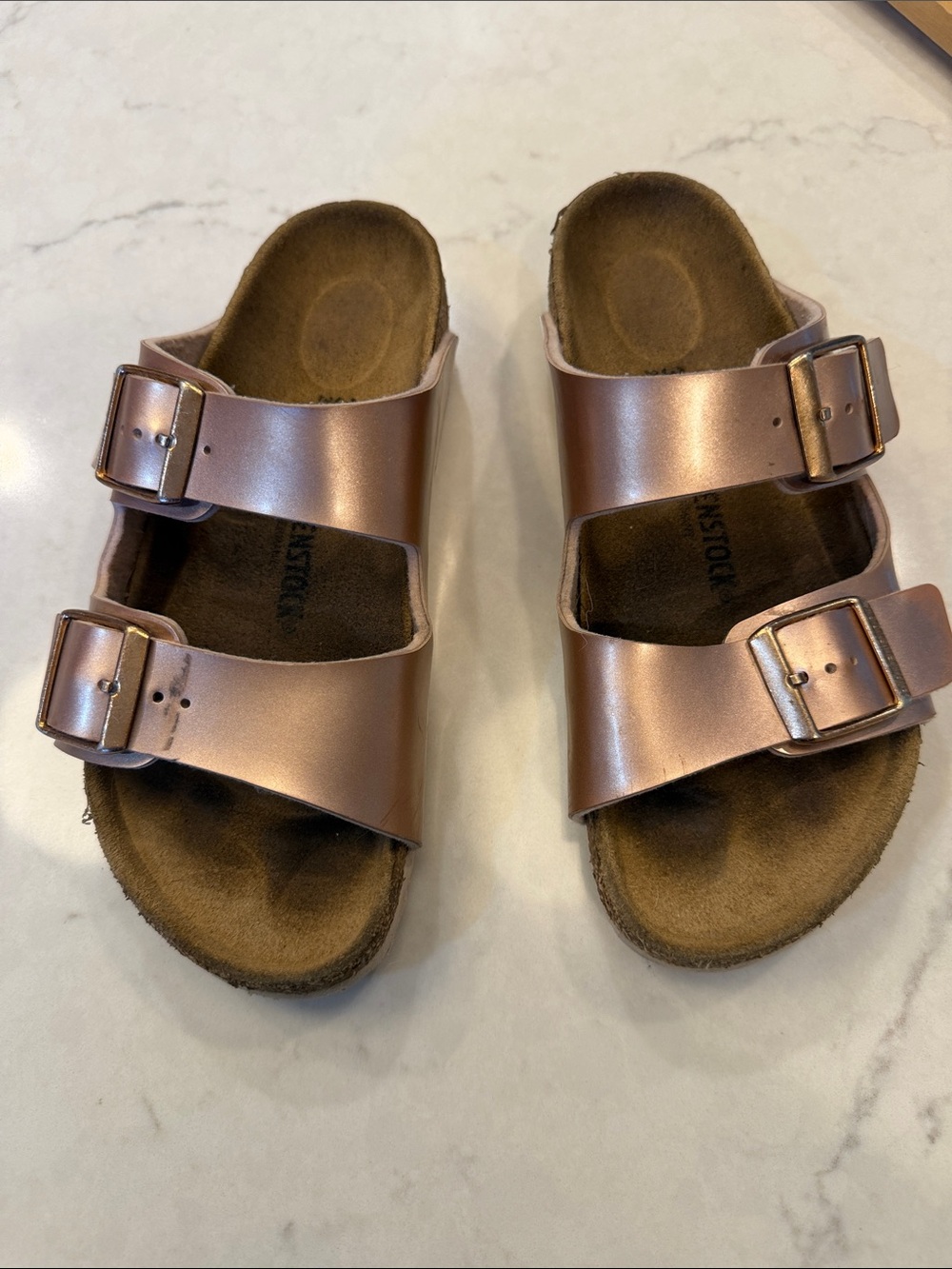Birkenstock Kids Metallic Rose Gold Two-Strap Slide Sandals